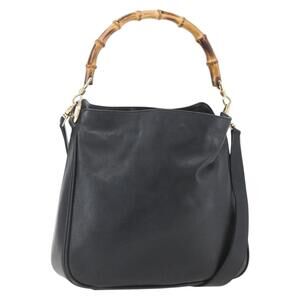GUCCI Bamboo Hand Bag Leather 2way Black Gold 001 1705 1638 Auth 161481